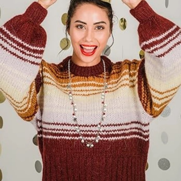Zara Stripe Knit Sweater Balloon Sleeve Wool Alpaca Burgundy Rust Lavender Cream - Picture 1 of 11